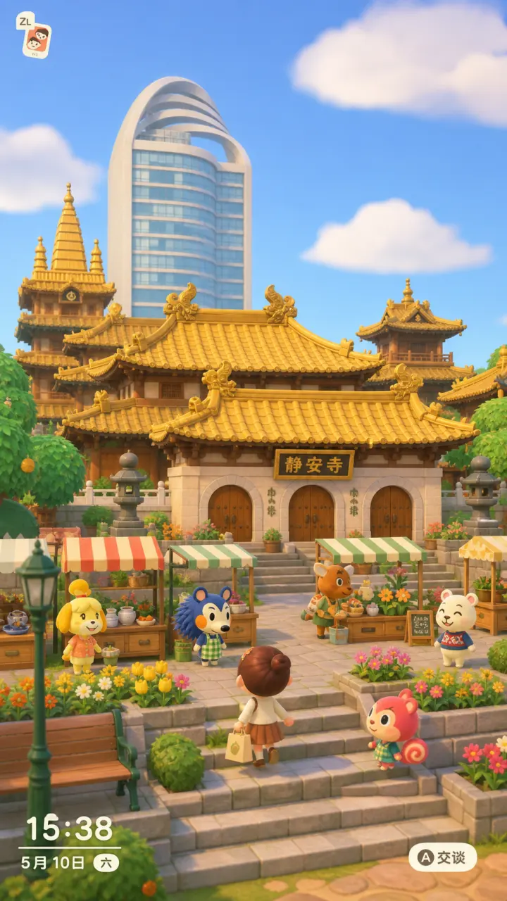 Animal Crossing: New Horizons 风格的上海 · 静安寺