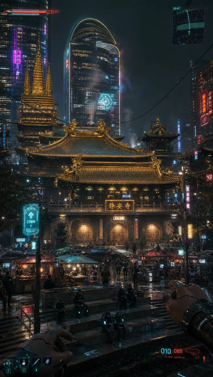 Cyberpunk 2077 风格的上海 · 静安寺