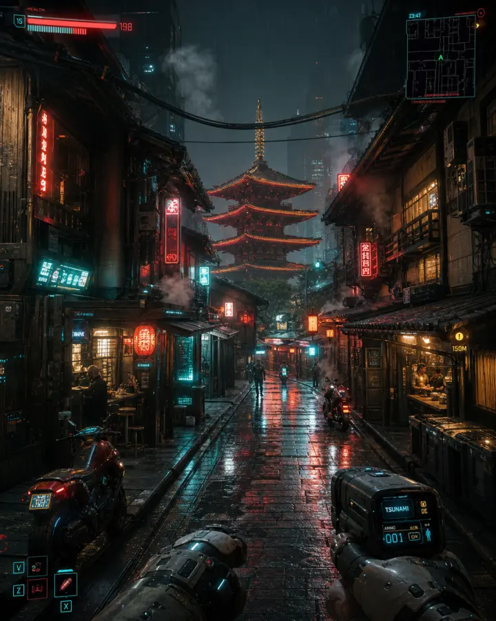 Cyberpunk 2077 风格的京都 · 古街五重塔