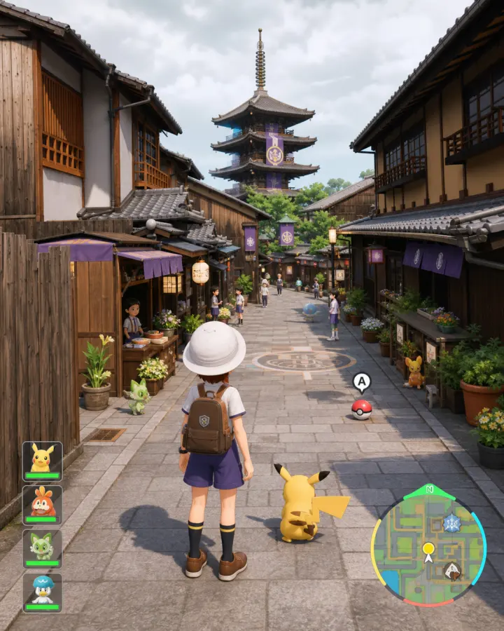 Pokémon Scarlet / Violet 风格的京都 · 古街五重塔