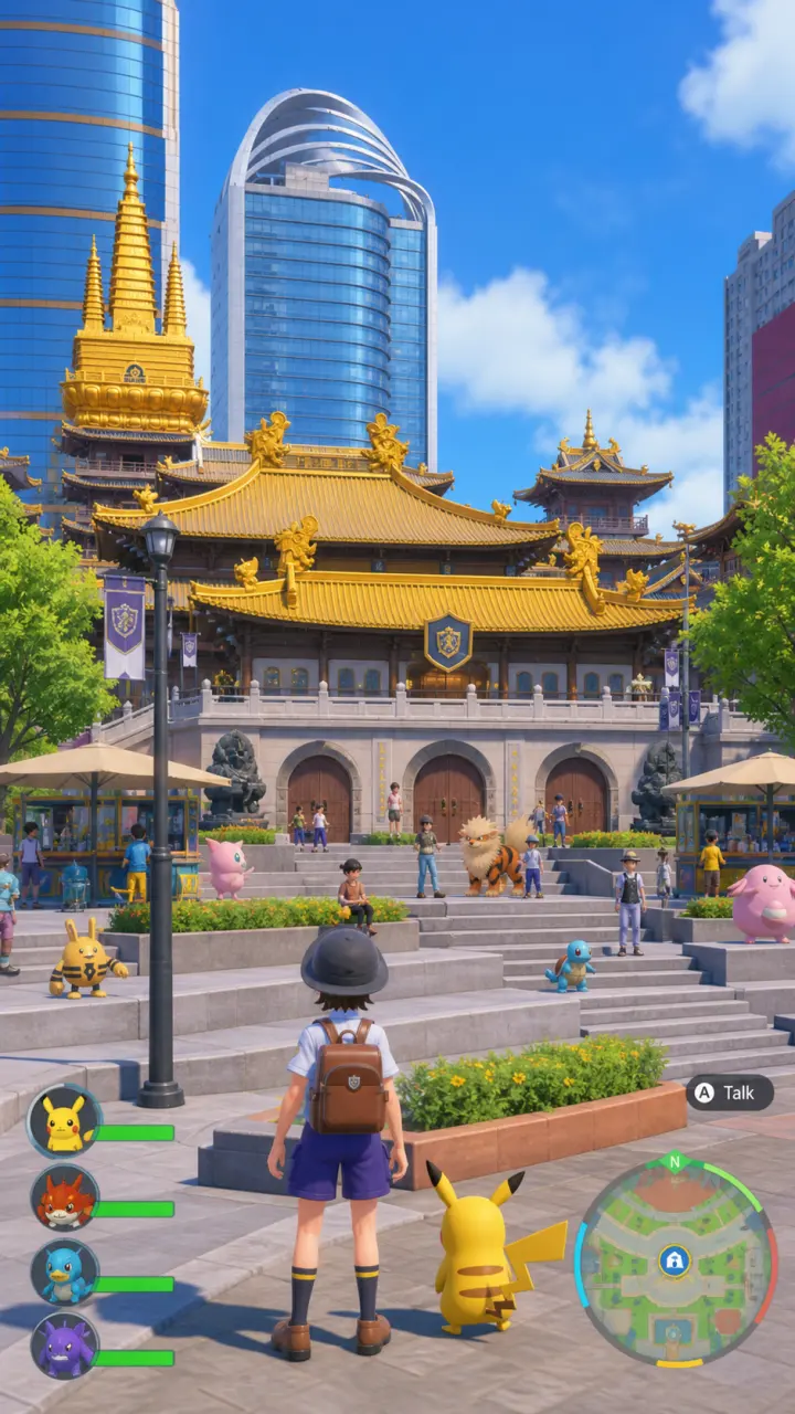 Pokémon Scarlet / Violet 风格的上海 · 静安寺